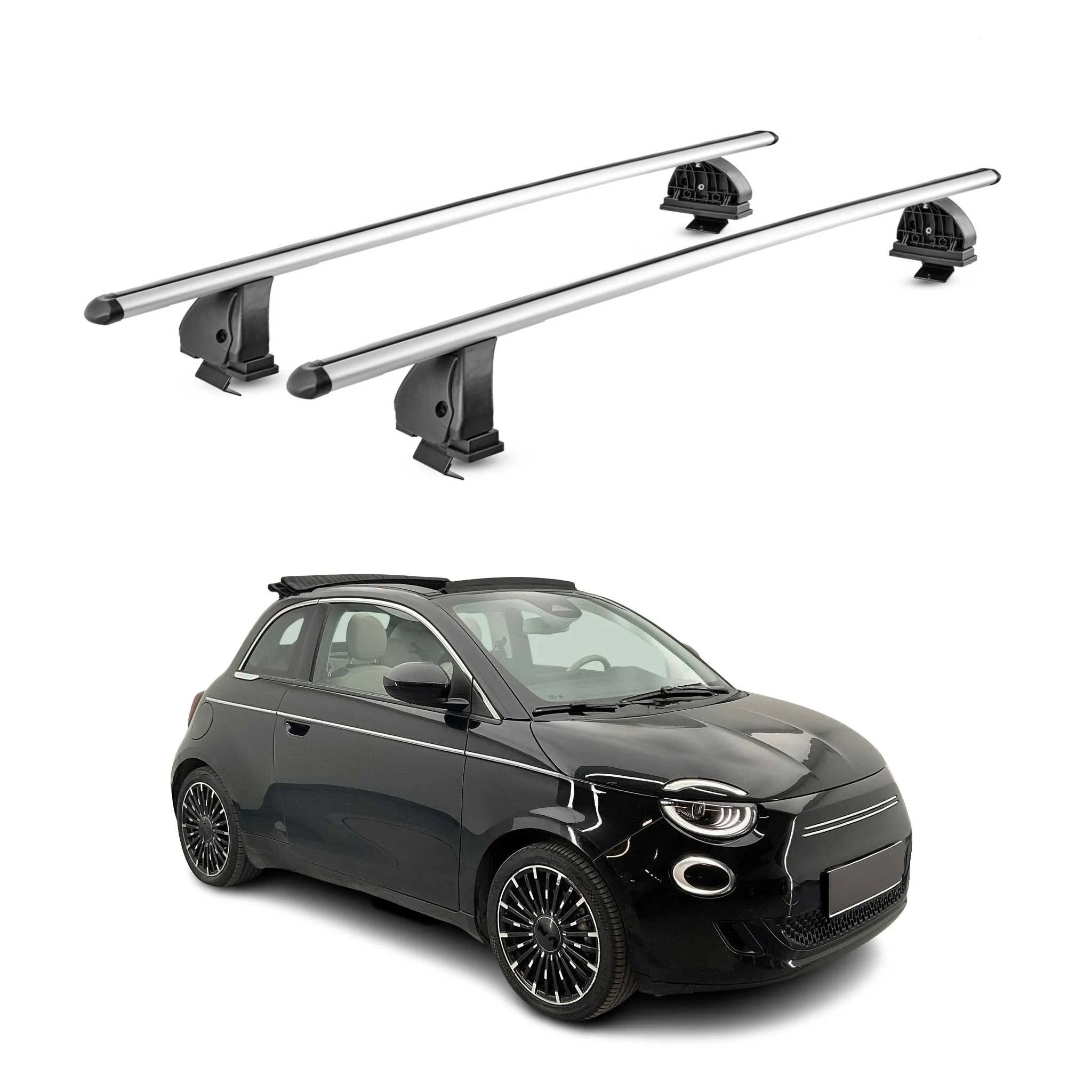 Alu Dachträger für Fiat 500e 2020-2026 TÜV Abschließbar T-Nut 75 kg 2tlg Silber