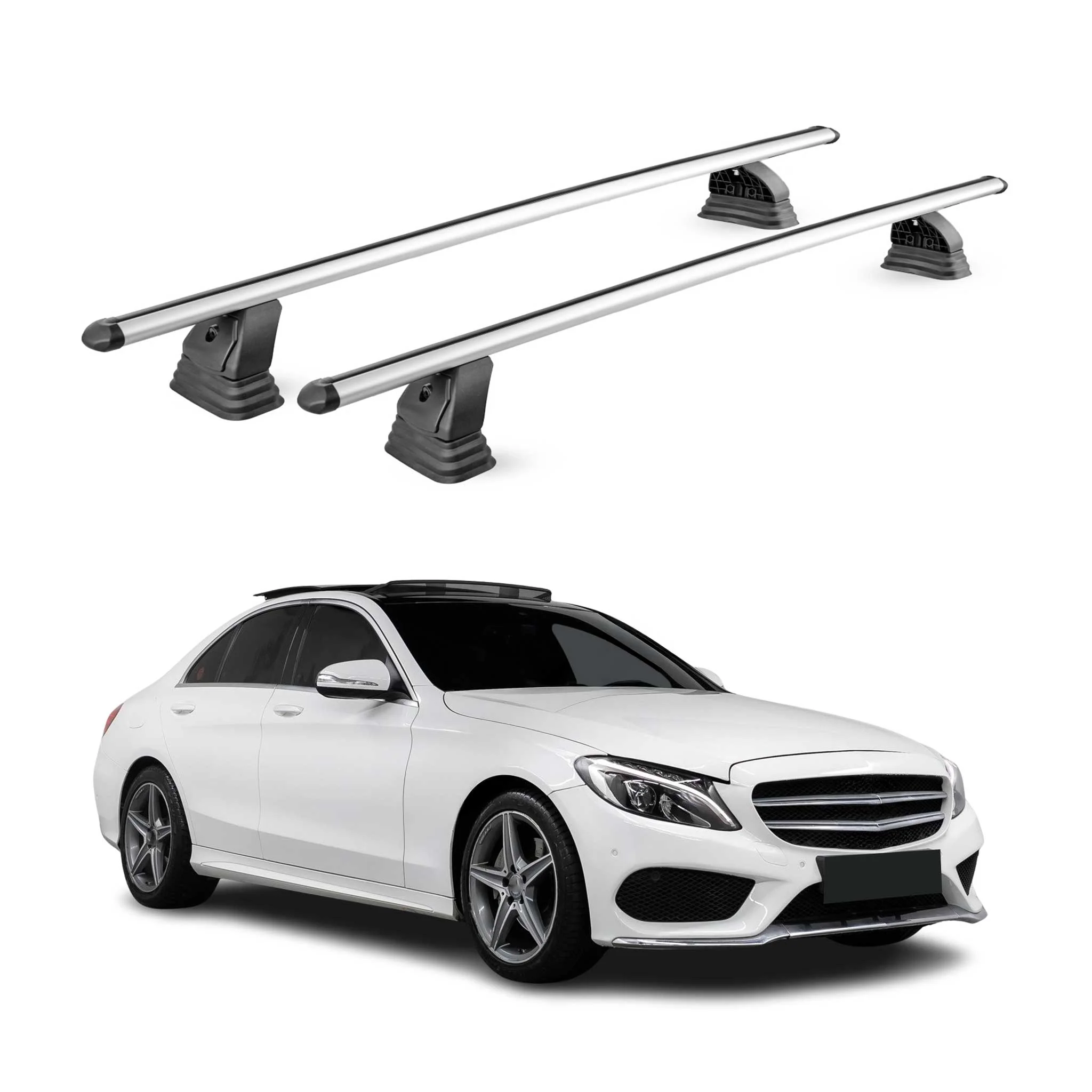 Alu Dachträger für Mercedes C Klasse W205 2015-2021 TÜV T-Nut 75 kg 2tlg Silber