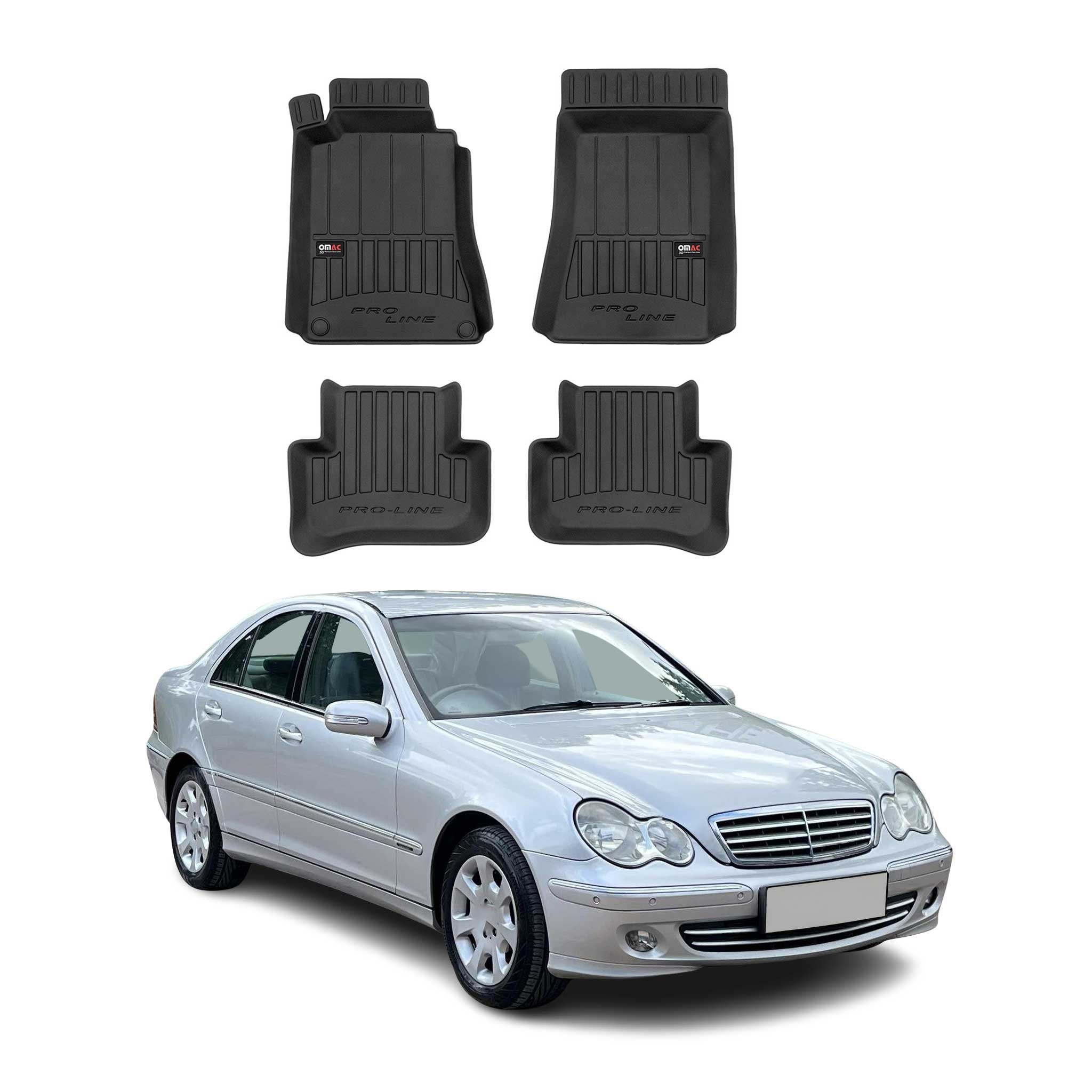 OMAC Gummi Fußmatten für Mercedes C Klasse W203 2000-2007 Premium TPE Schwarz 4x