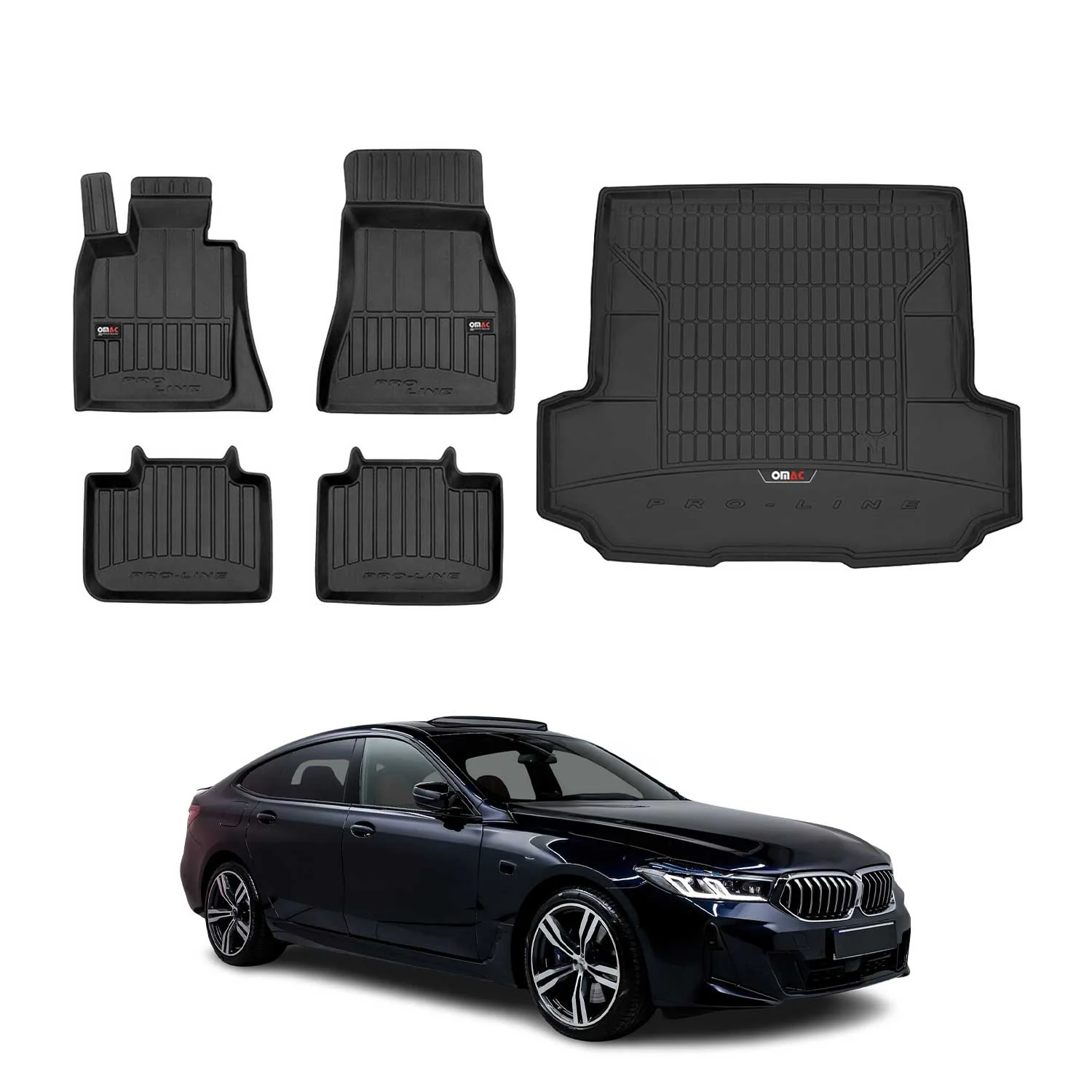 OMAC Fußmatten & Kofferraumwanne Set für BMW 6er G32 2017-2023 Gummi Schwarz 5x
