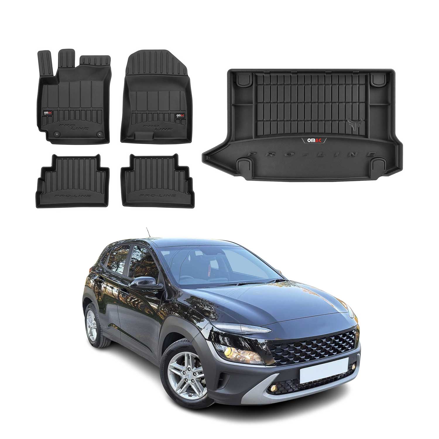 OMAC Fußmatten & Kofferraumwanne Set für Hyundai Kona I 2018-2023 Gummi Schwarz