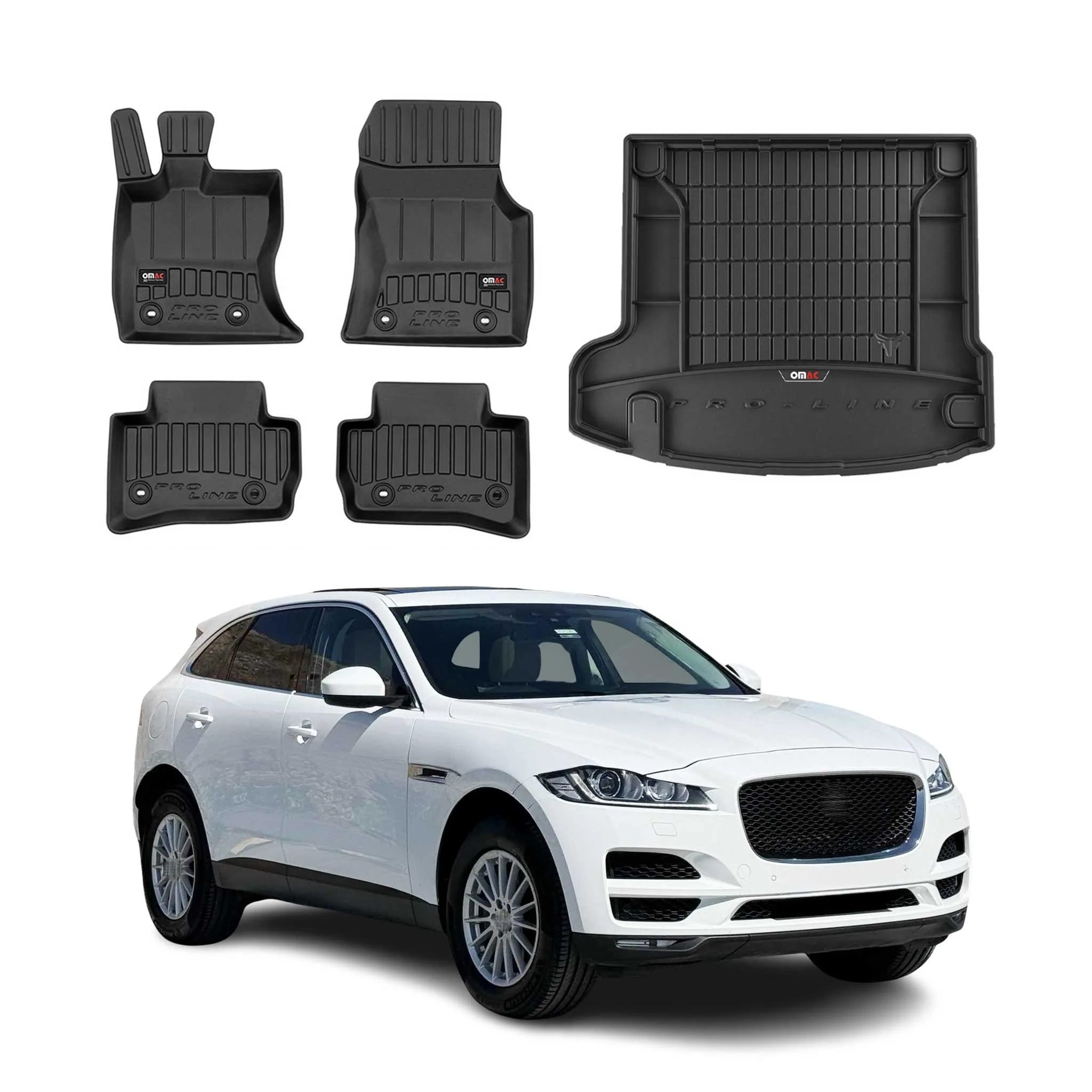 OMAC Fußmatten & Kofferraumwanne Set für Jaguar F-Pace 2016-2020 Pre-FL Gummi 5x