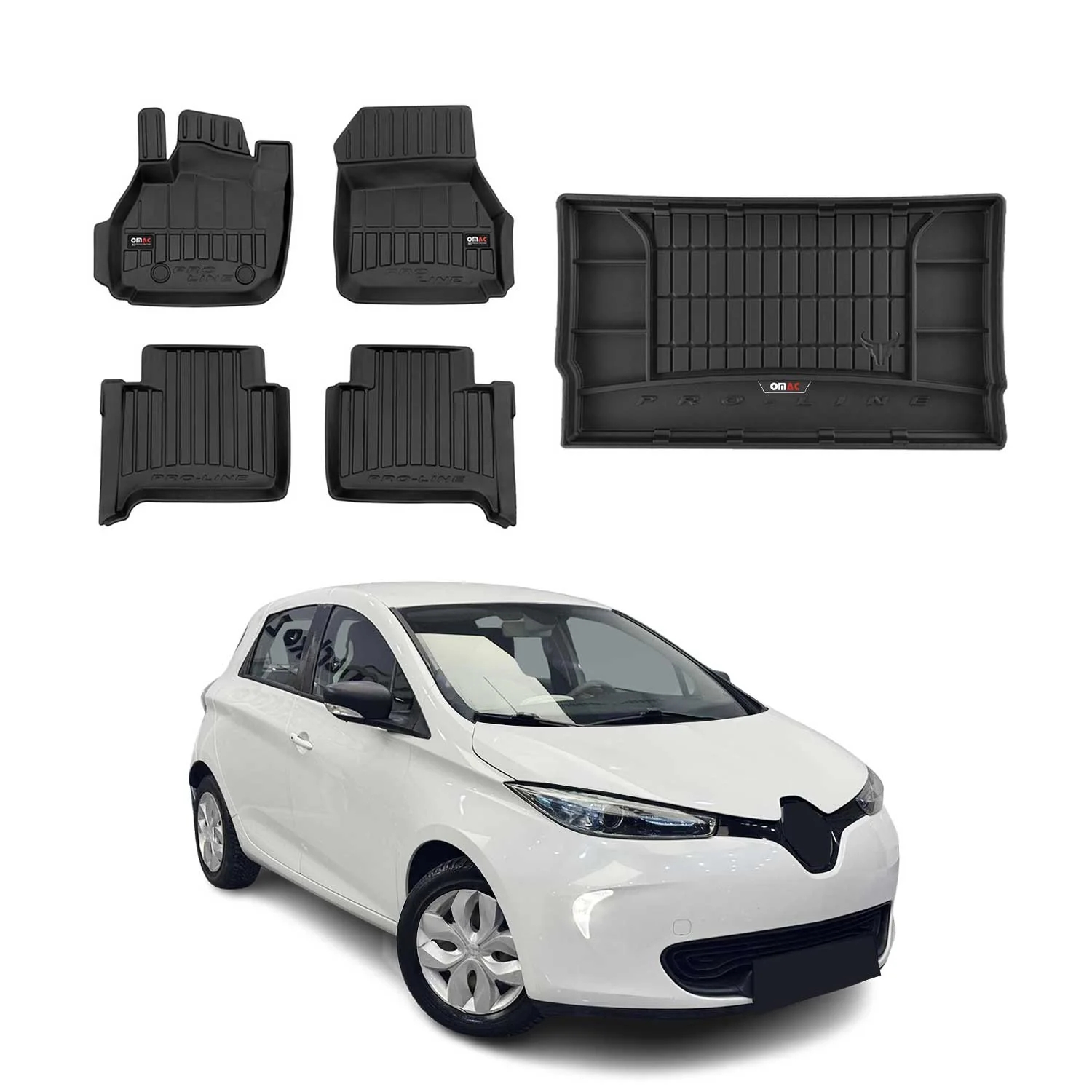 OMAC Fußmatten & Kofferraumwanne Set für Renault Zoe 2012-2024 Gummi Schwarz 5x