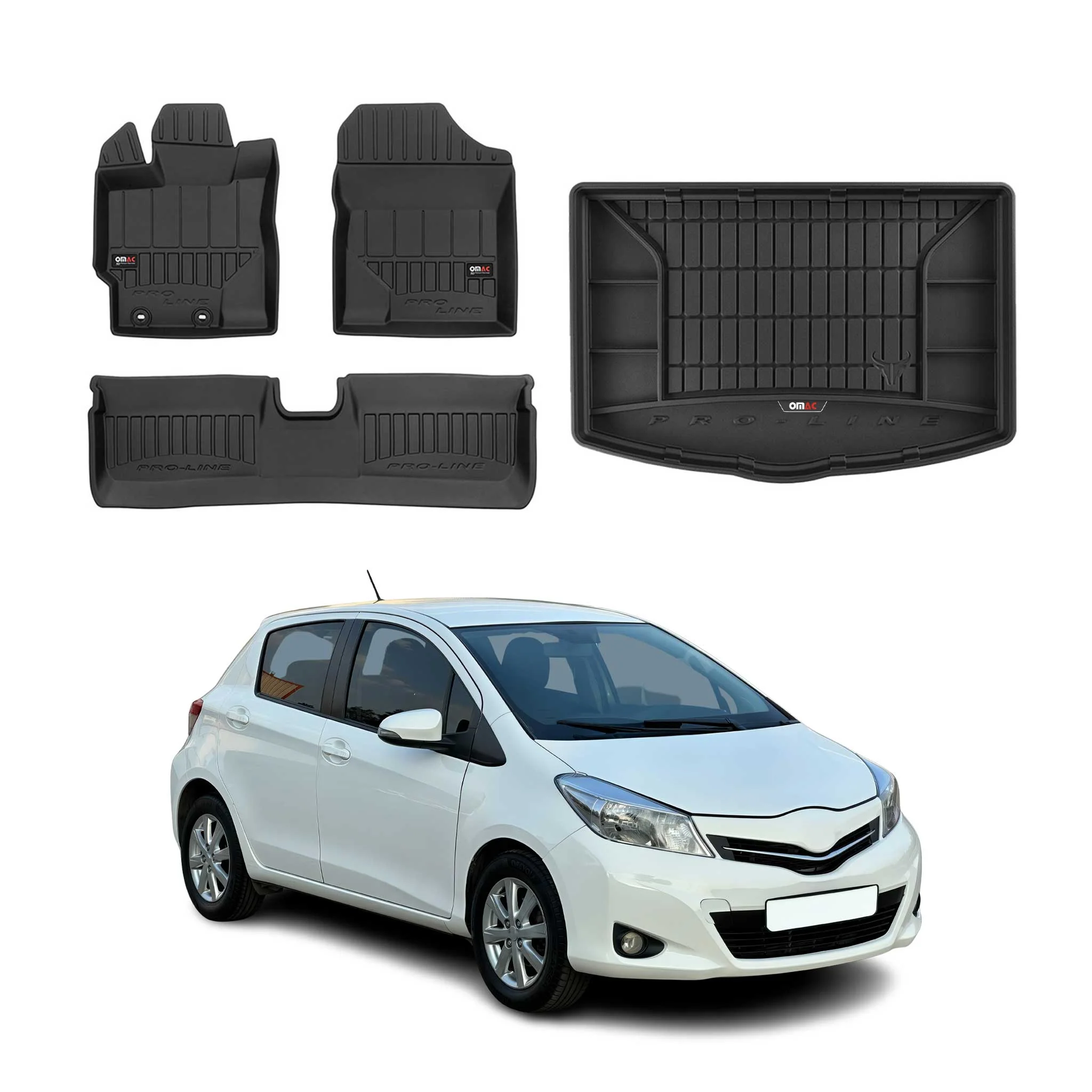 OMAC Fußmatten & Kofferraumwanne Set für Toyota Yaris 2012-2019 Gummi Schwarz 4x