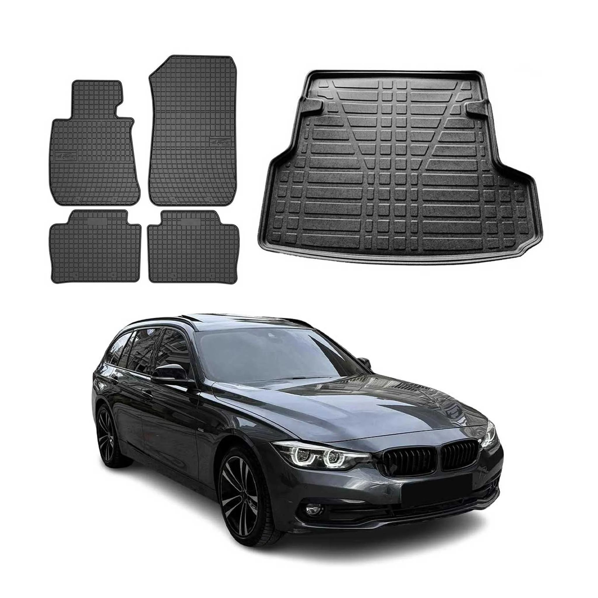 Fußmatten & Kofferraumwanne Set für BMW 3er F31 2014-2019 Gummi TPE Schwarz 5x