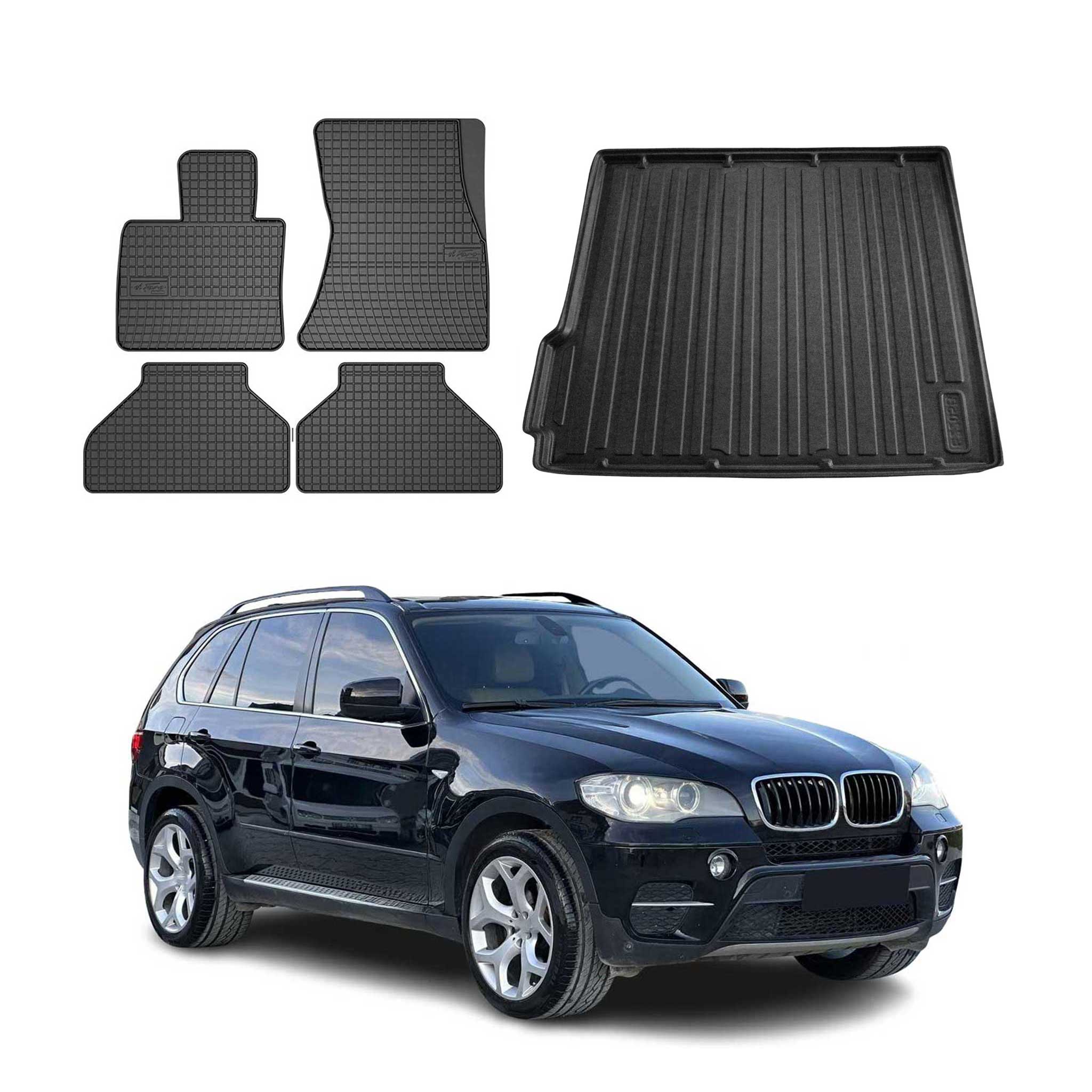 Fußmatten & Kofferraumwanne Set für BMW X5 E70 2006-2013 Gummi Schwarz TPE 5x
