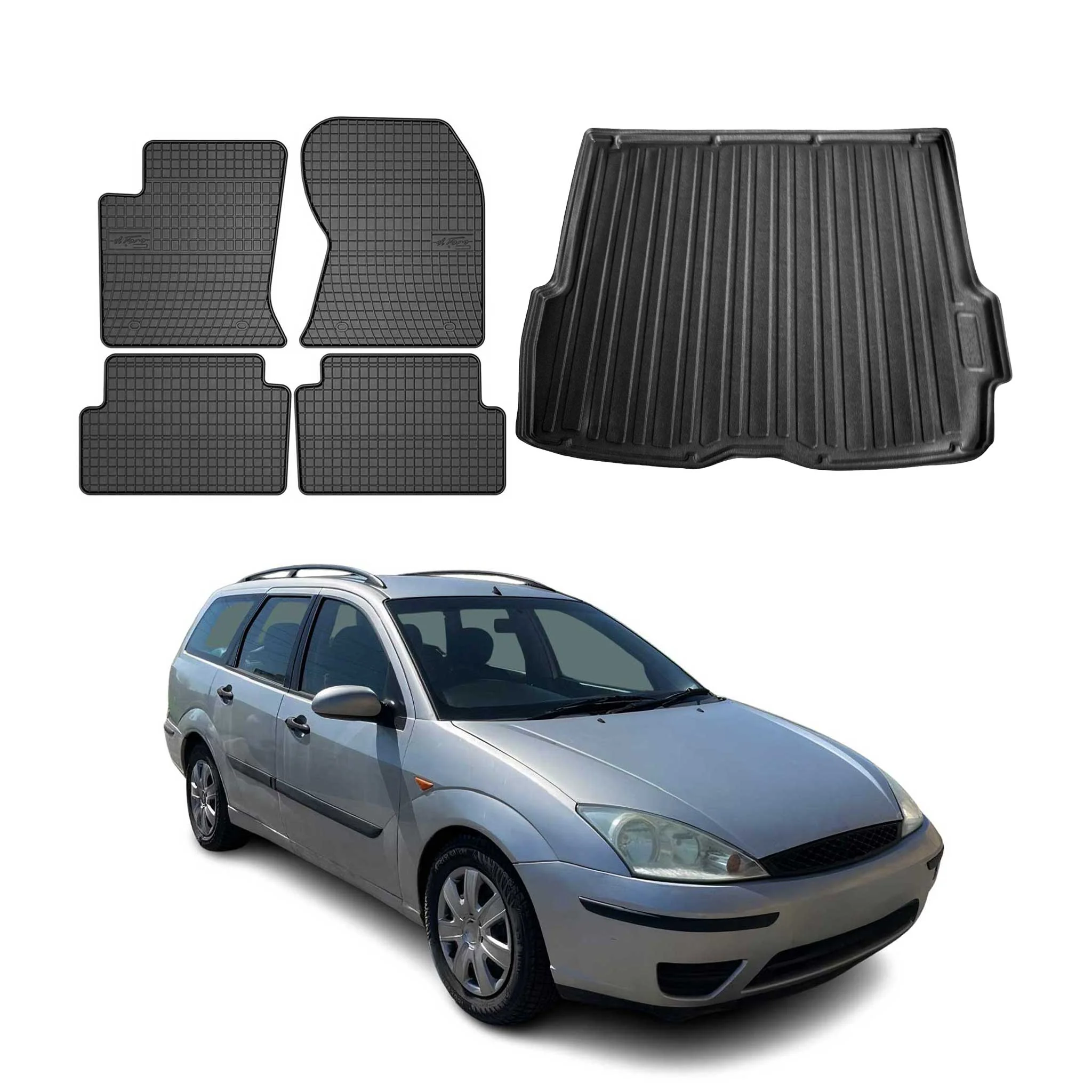 Fußmatten & Kofferraumwanne Set für Ford Focus mk1 1998-2004 Turnier Gummi 5x