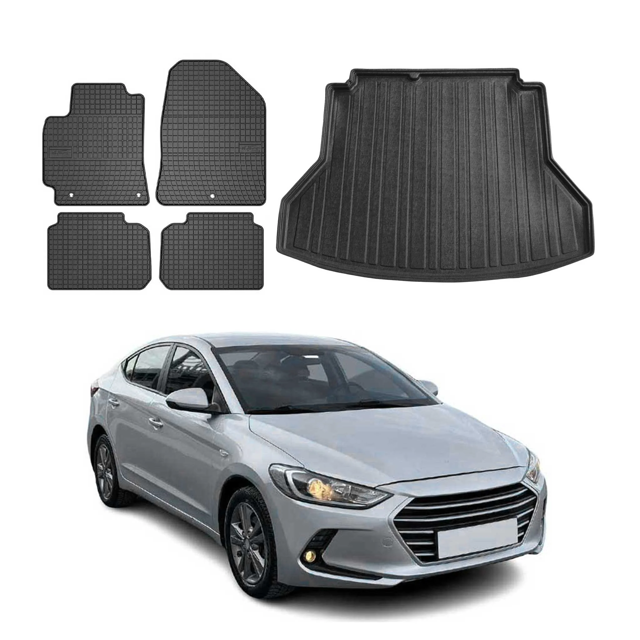 Fußmatten & Kofferraumwanne Set für Hyundai Elantra 2015-2020 Gummi Schwarz 5x