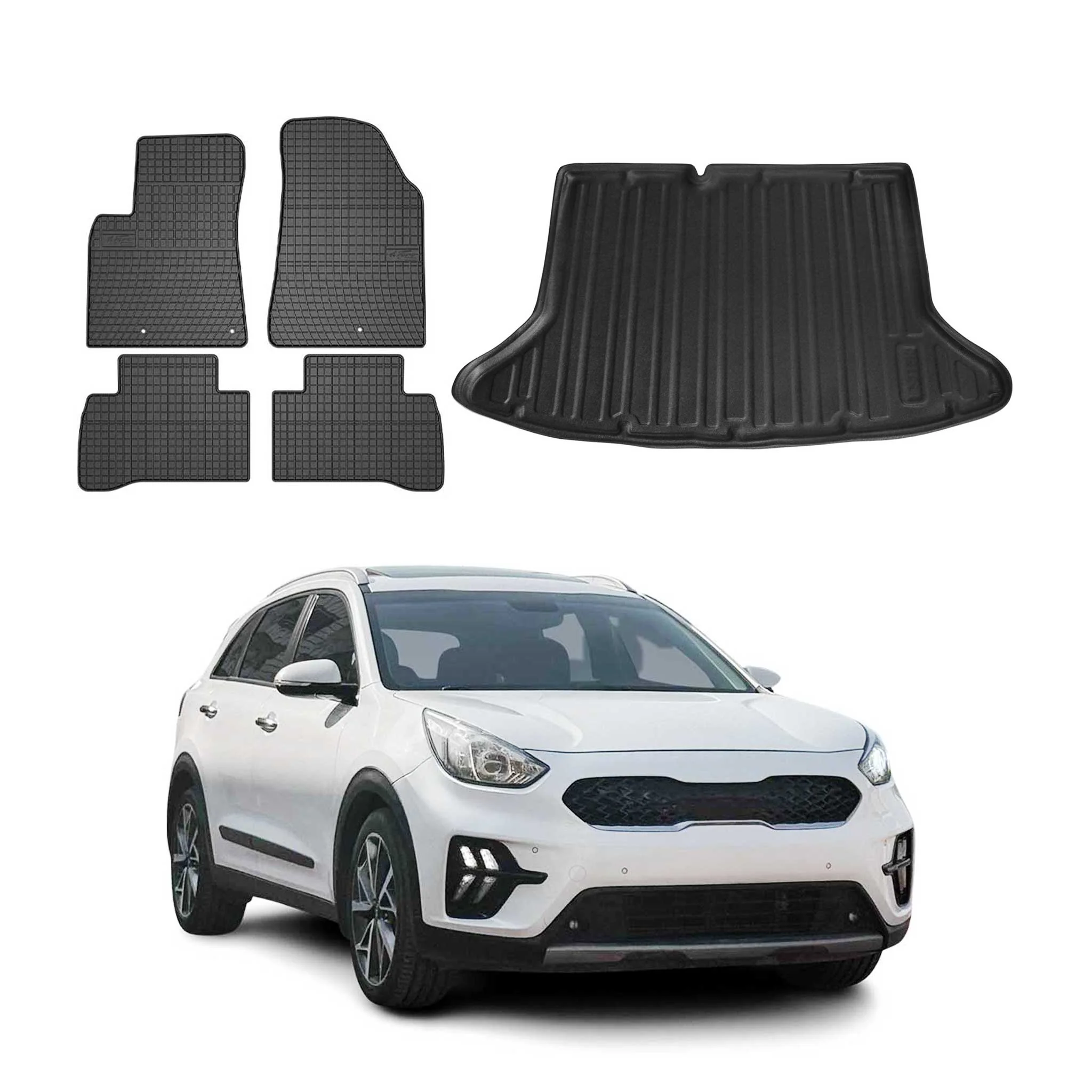 Fußmatten & Kofferraumwanne Set für Kia Niro I 2017-2022 Gummi TPE Schwarz 5x