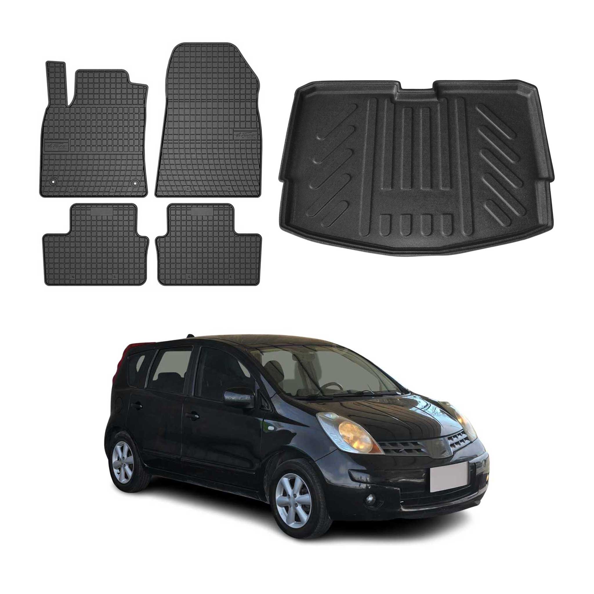 Fußmatten & Kofferraumwanne Set für Nissan Note E12 2012-2016 Gummi Schwarz 5x
