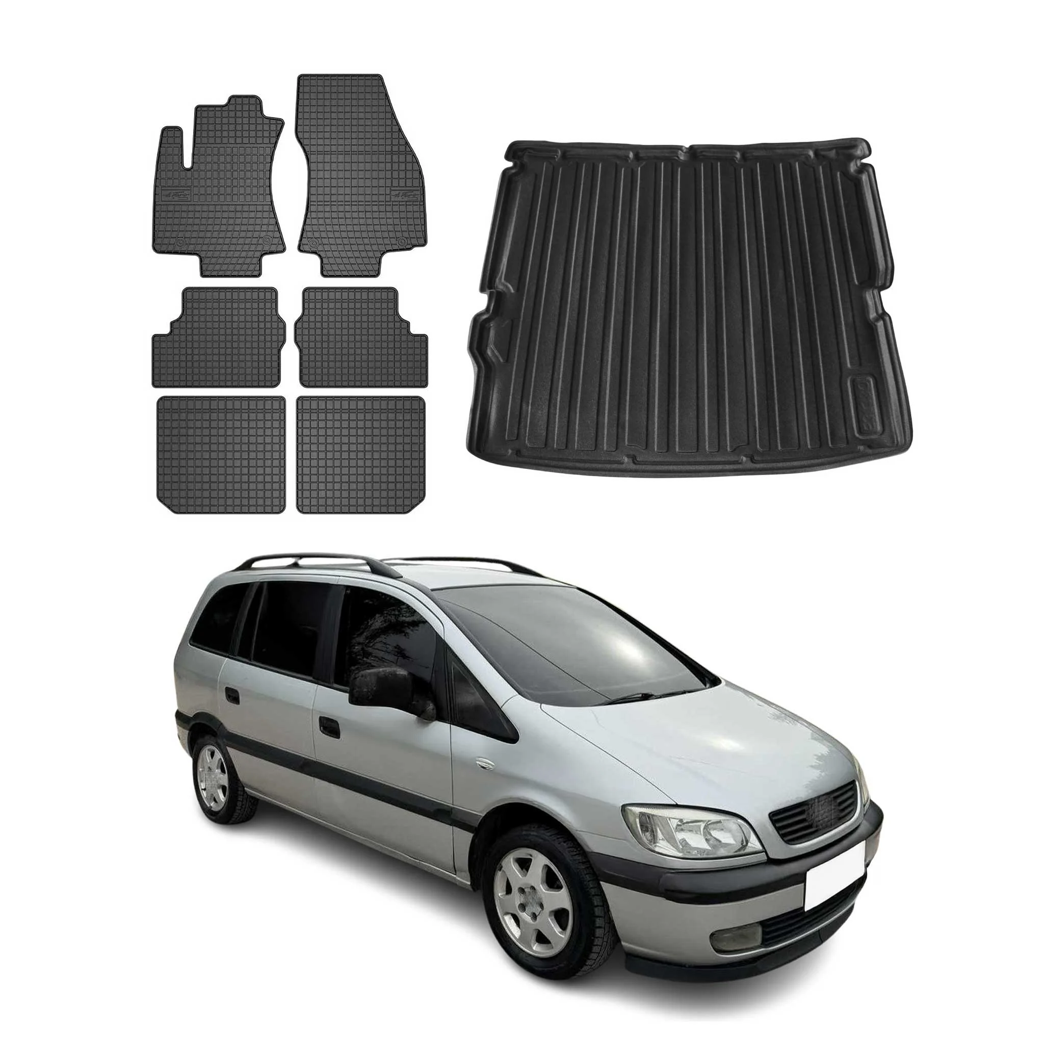 Fußmatten & Kofferraumwanne Set für Opel Zafira 1999-2005 3.Sitzreihe Gummi 3x