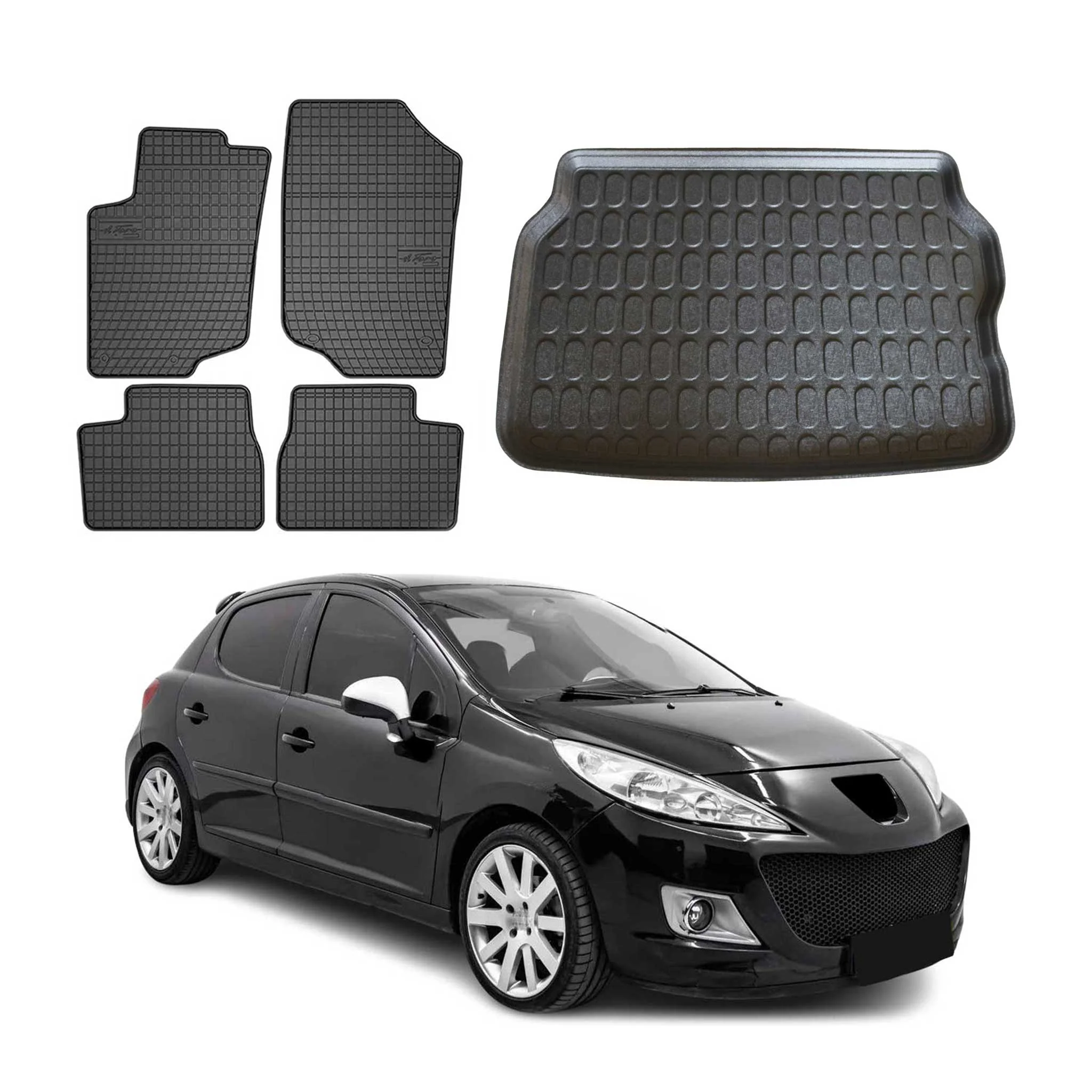Fußmatten & Kofferraumwanne Set für Peugeot 207 Schrägheck 2006-2012 Gummi 5x