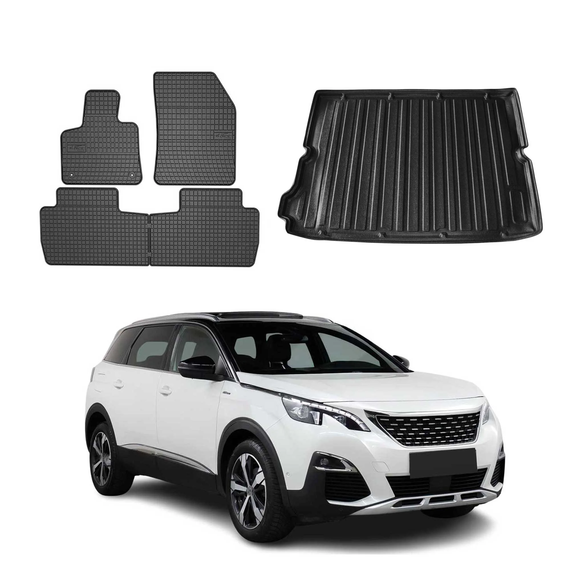 Fußmatten & Kofferraumwanne Set für Peugeot 5008 2017-2024 Gummi TPE Schwarz 5x