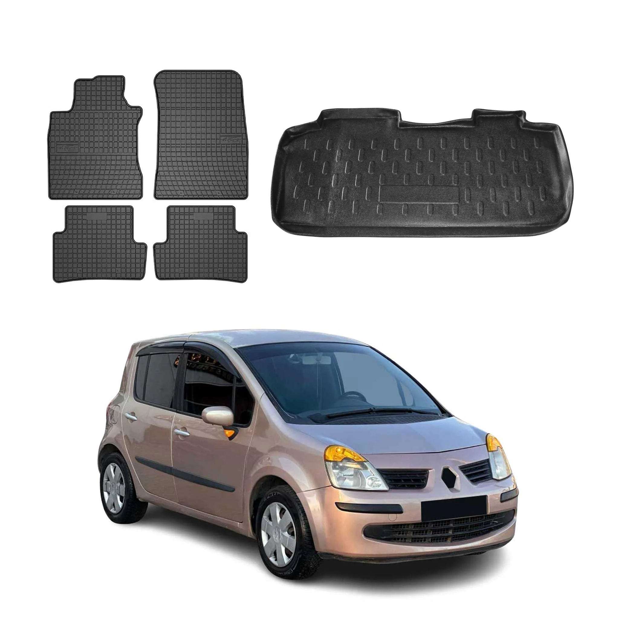 Fußmatten & Kofferraumwanne Set für Renault Modus 2005-2013 Gummi Schwarz 5x