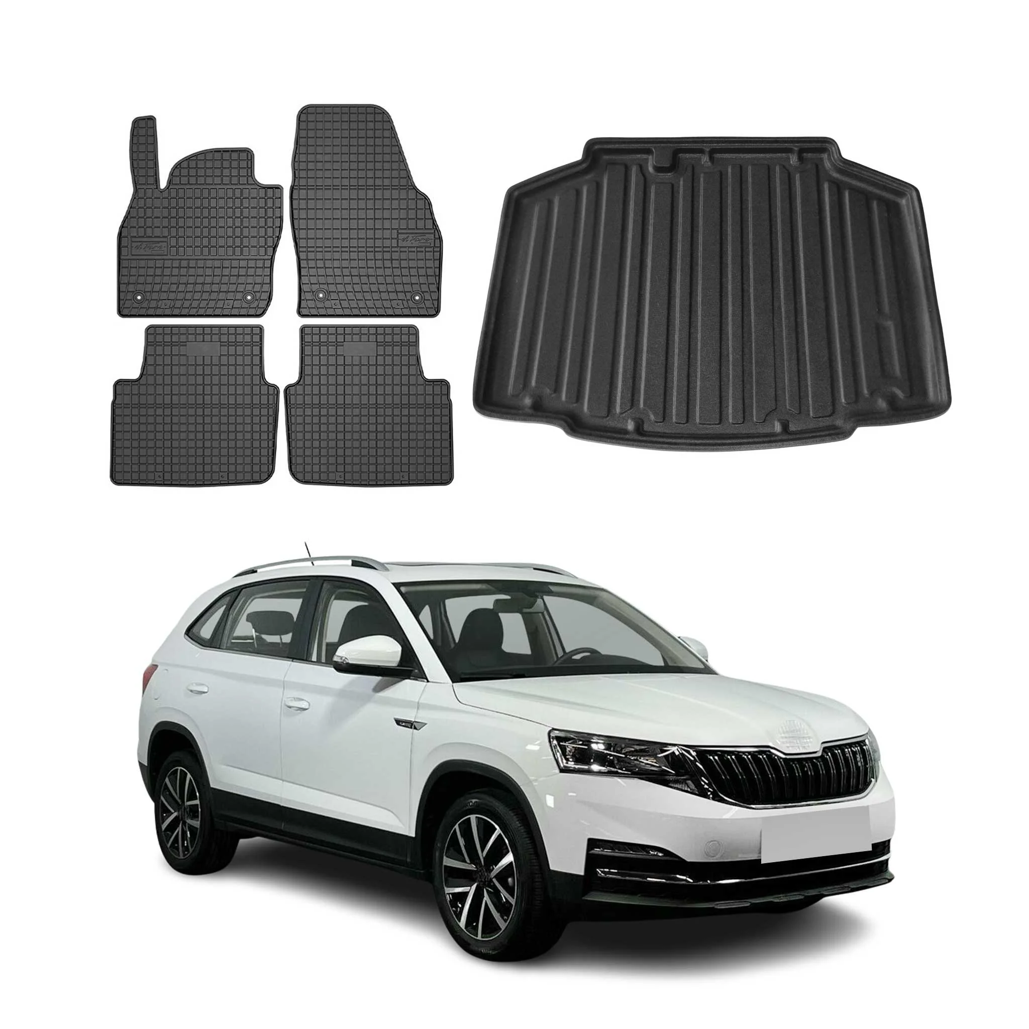 Fußmatten & Kofferraumwanne Set für Skoda Kamiq 2019-2026 Gummi TPE Schwarz 5x