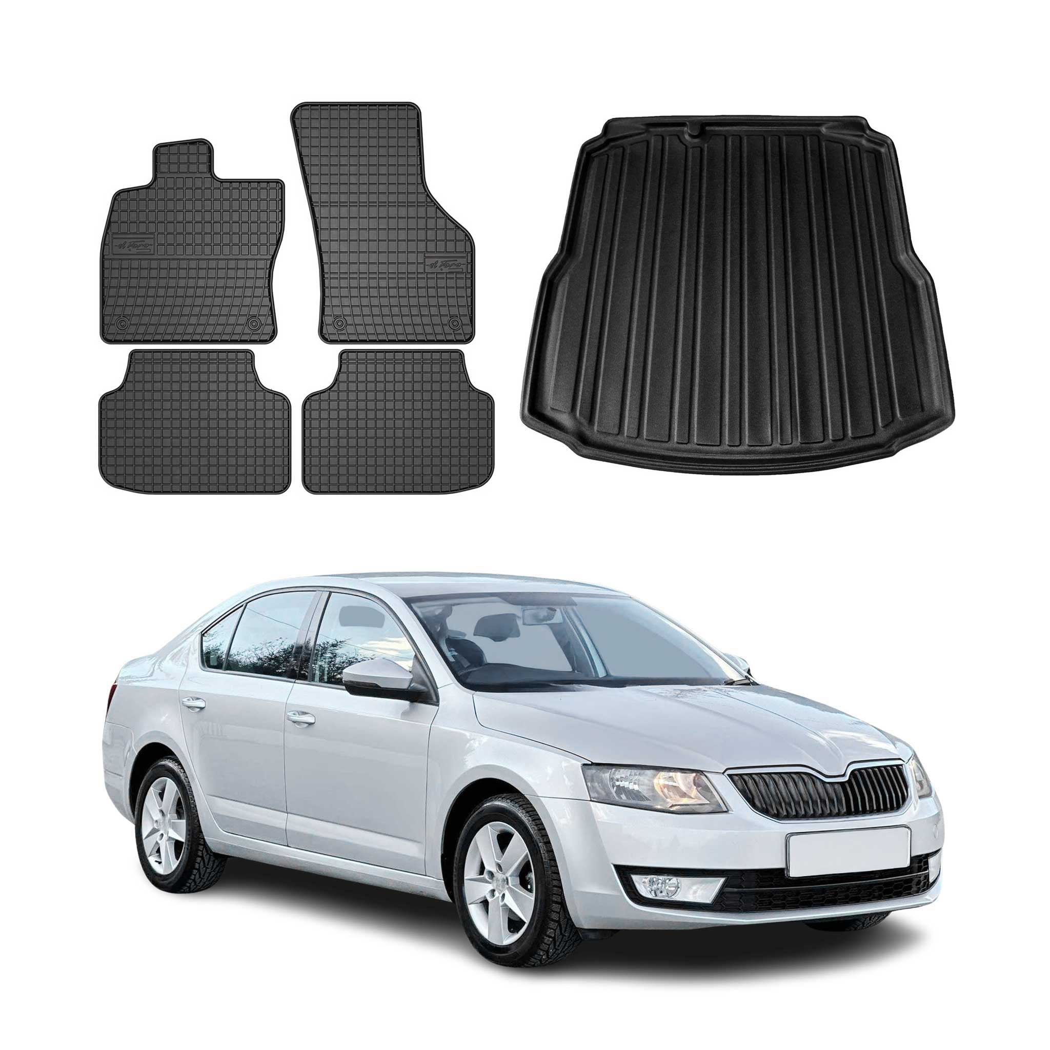 Fußmatten & Kofferraumwanne Set für Skoda Octavia Stufenheck 2013-2019 Gummi 5x