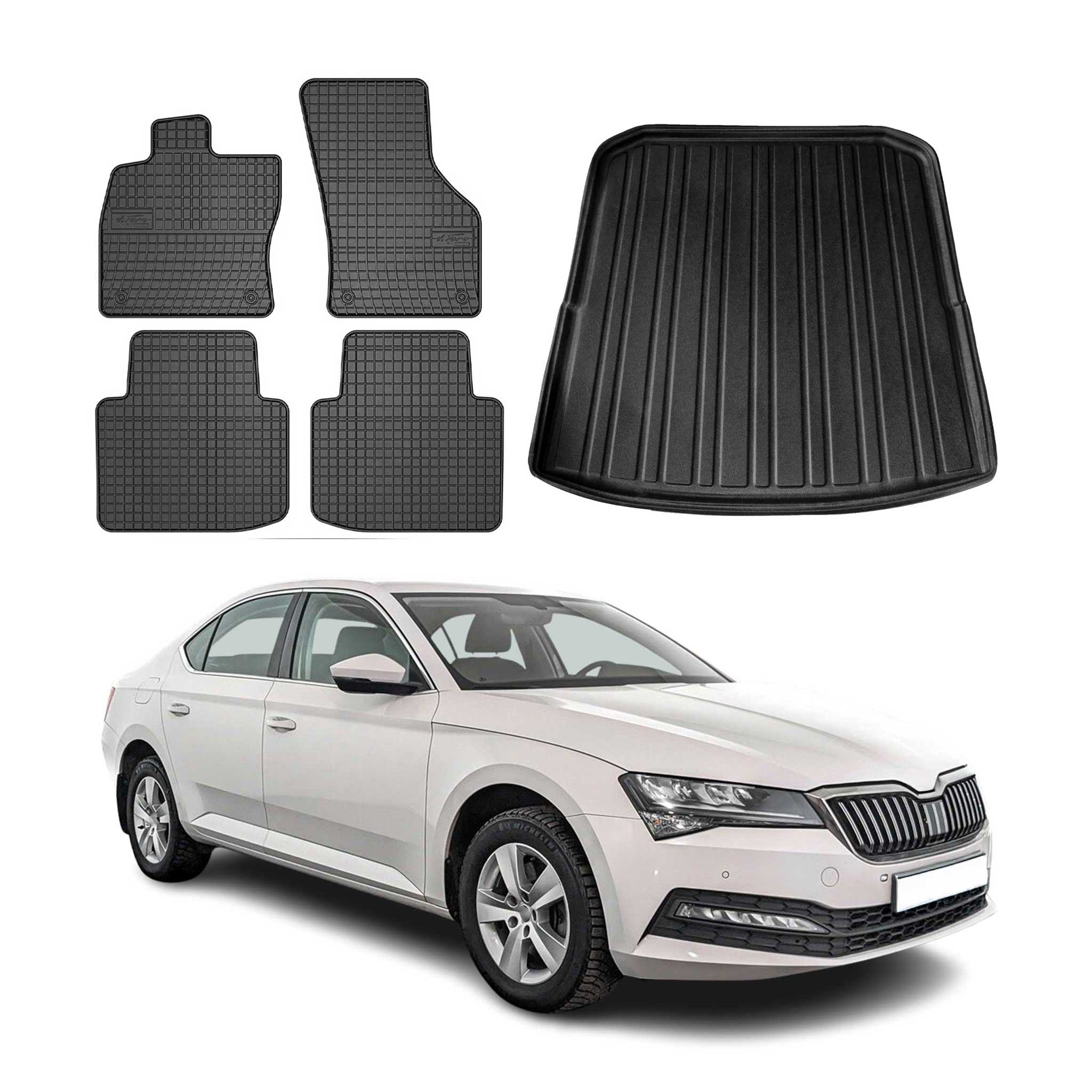 Fußmatten & Kofferraumwanne Set für Skoda Superb Kombi 2015-2024 Gummi TPE 5x