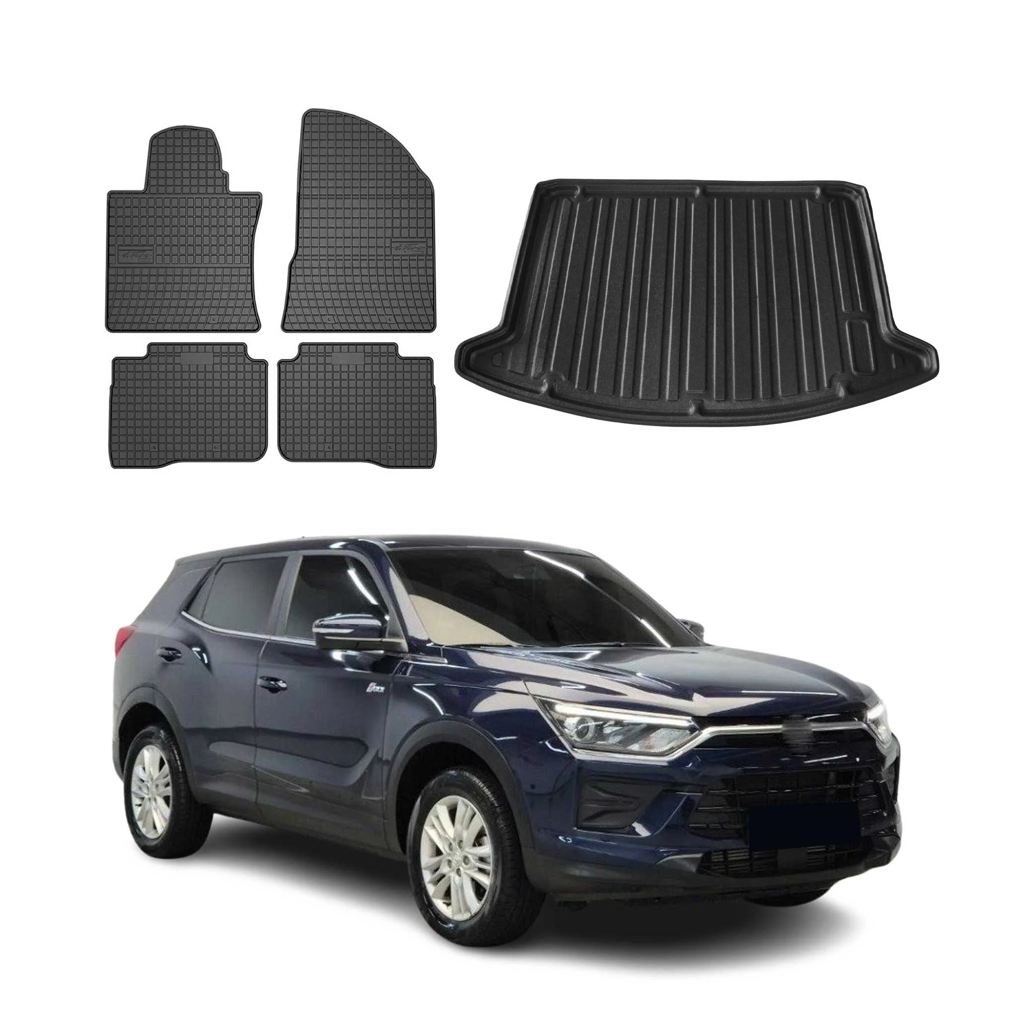 Fußmatten & Kofferraumwanne Set für Ssangyong Korando 2019-2026 Gummi Schwarz 5x