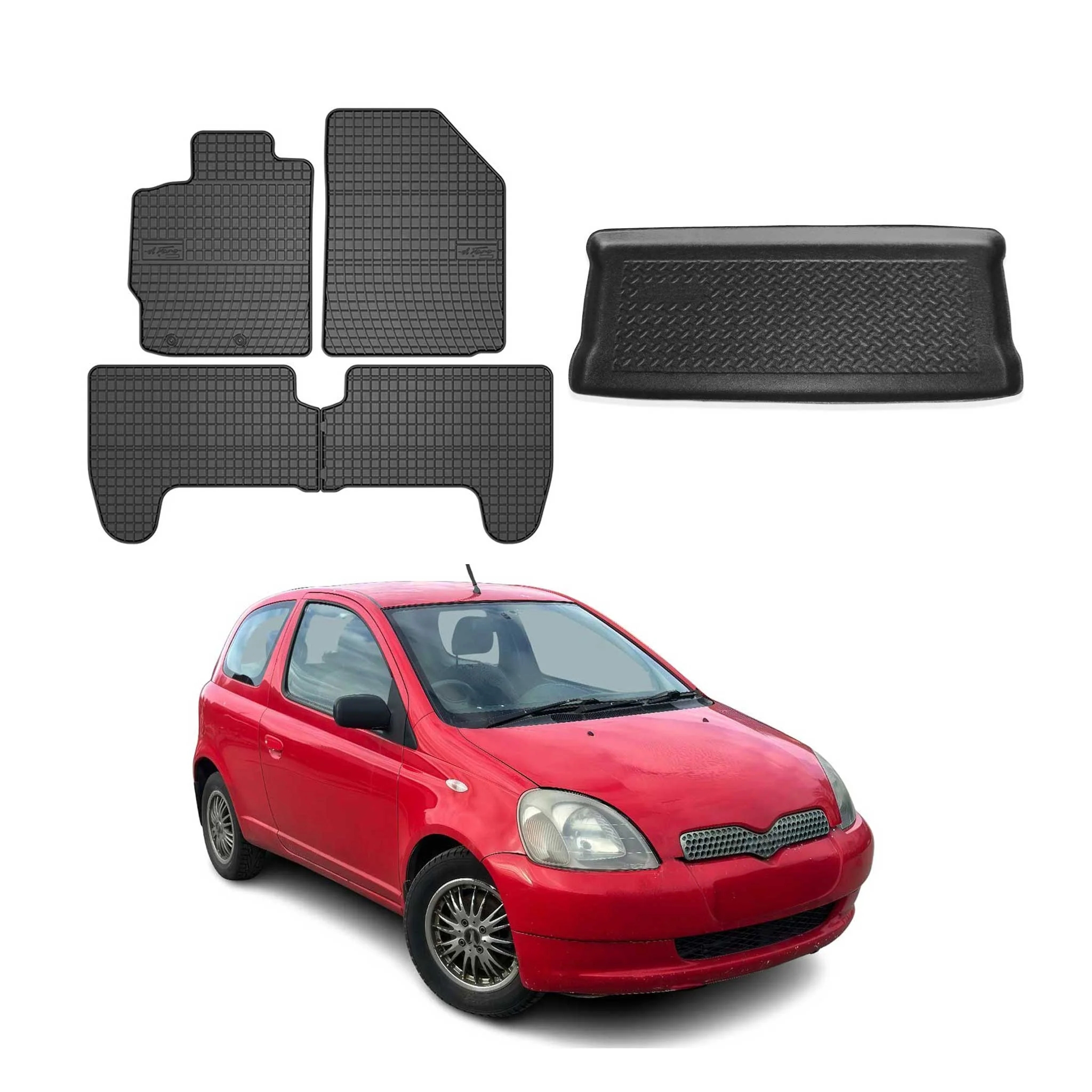 Fußmatten & Kofferraumwanne Set für Toyota Yaris Schrägheck 2000-2005 Gummi 5x