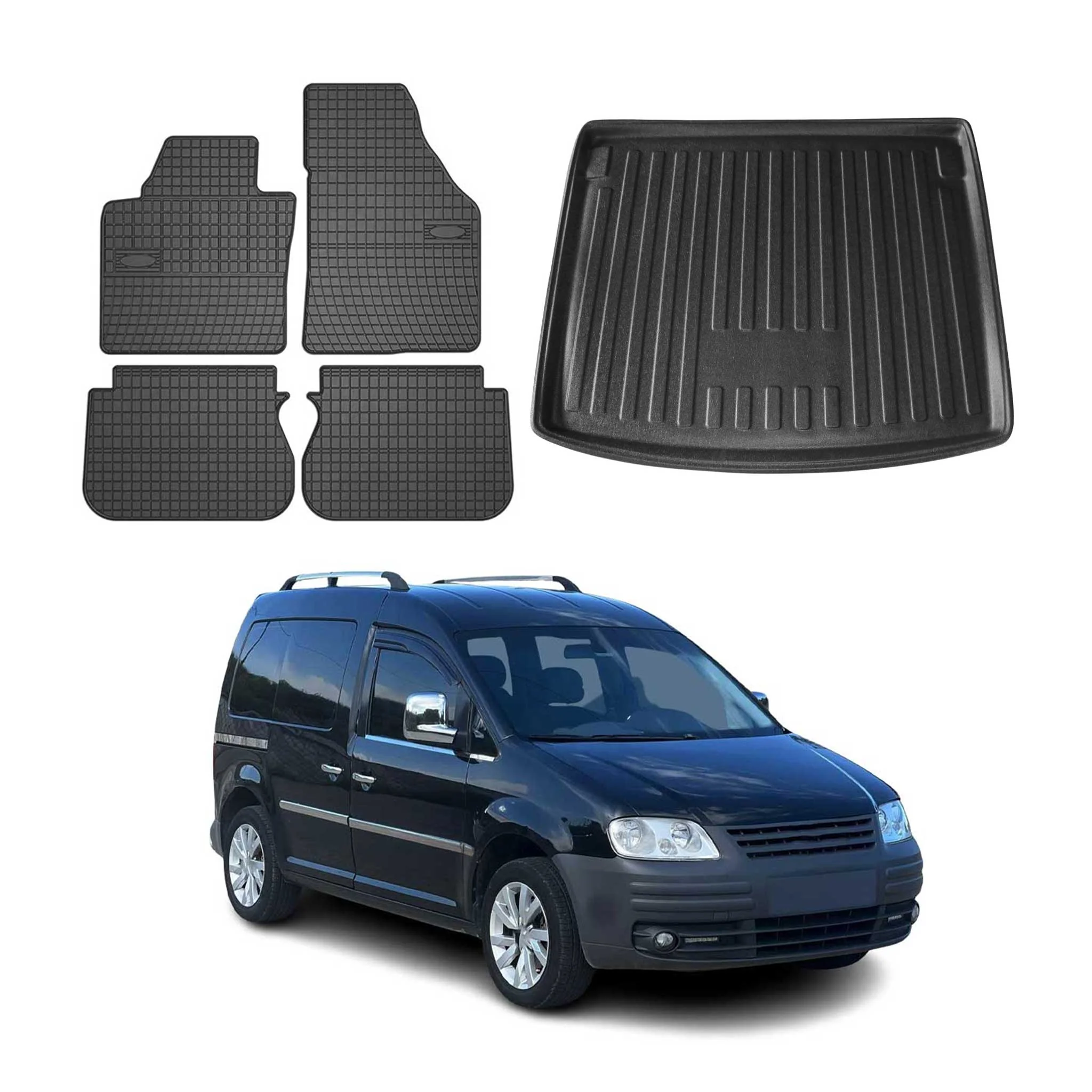 Fußmatten & Kofferraumwanne Set für VW Caddy Life 2008-2011 Gummi Schwarz 5x