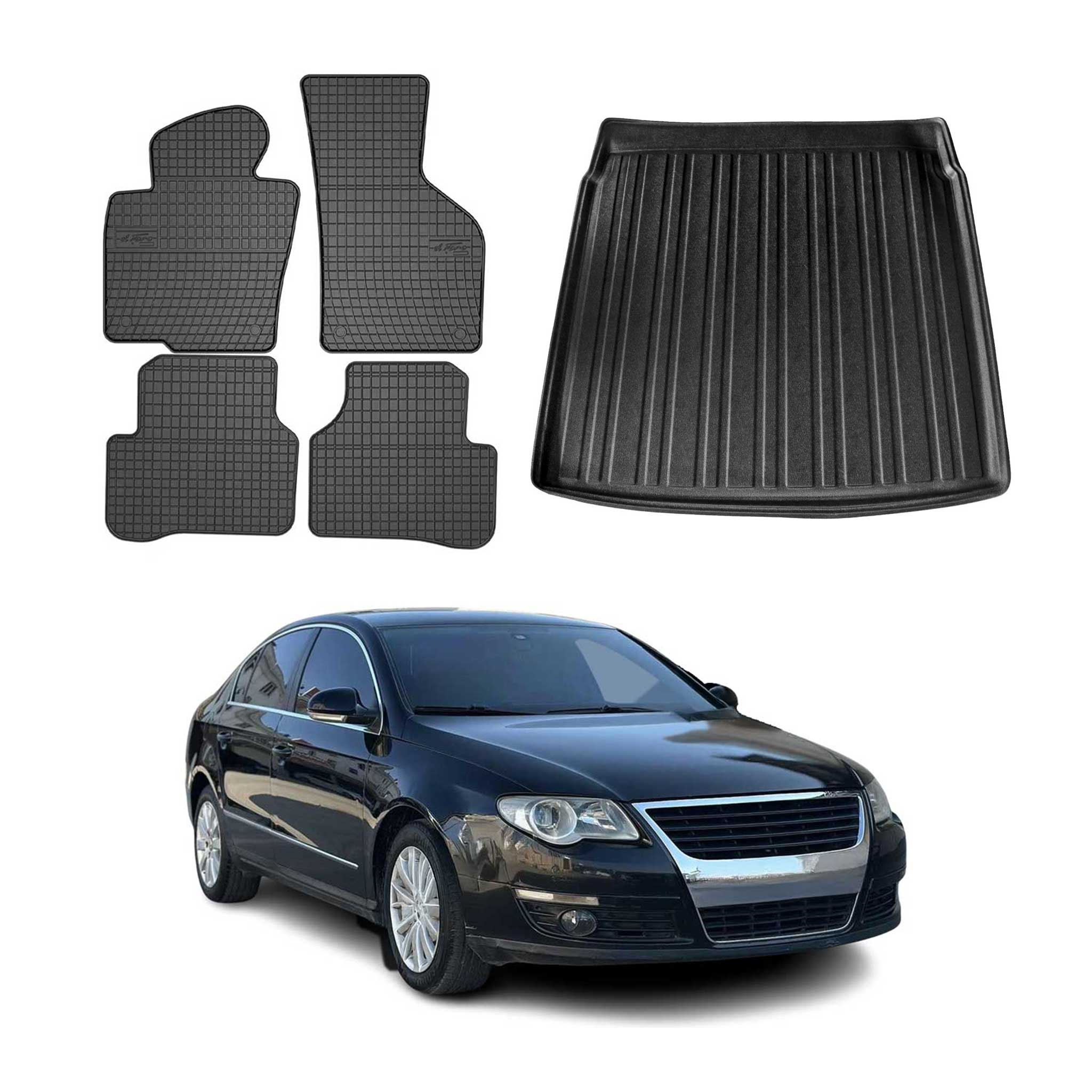 Fußmatten & Kofferraumwanne Set für VW Passat 2005-2010 Untere Gummi Schwarz 5x