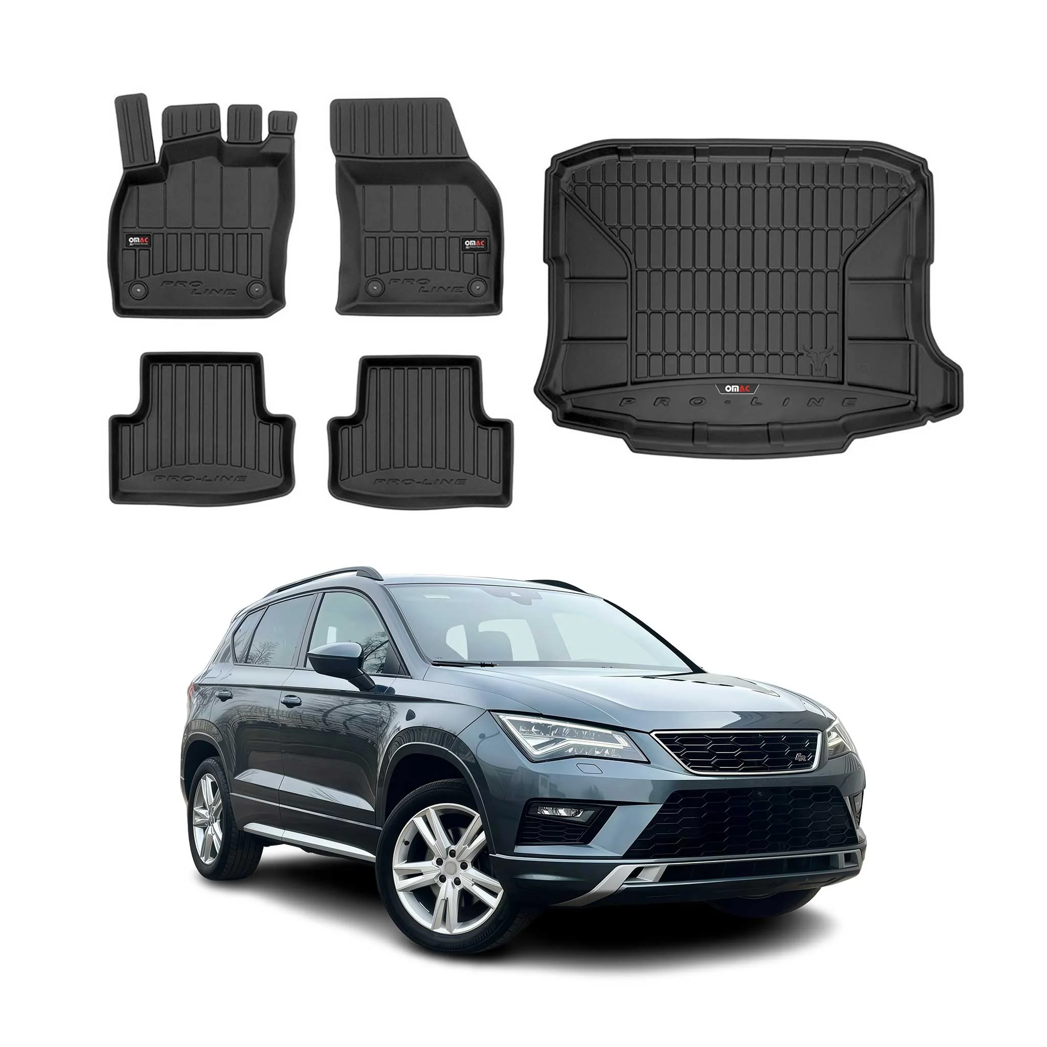 OMAC Fußmatten & Kofferraumwanne Set für Seat Ateca 2016-2026 Gummi Schwarz 5x