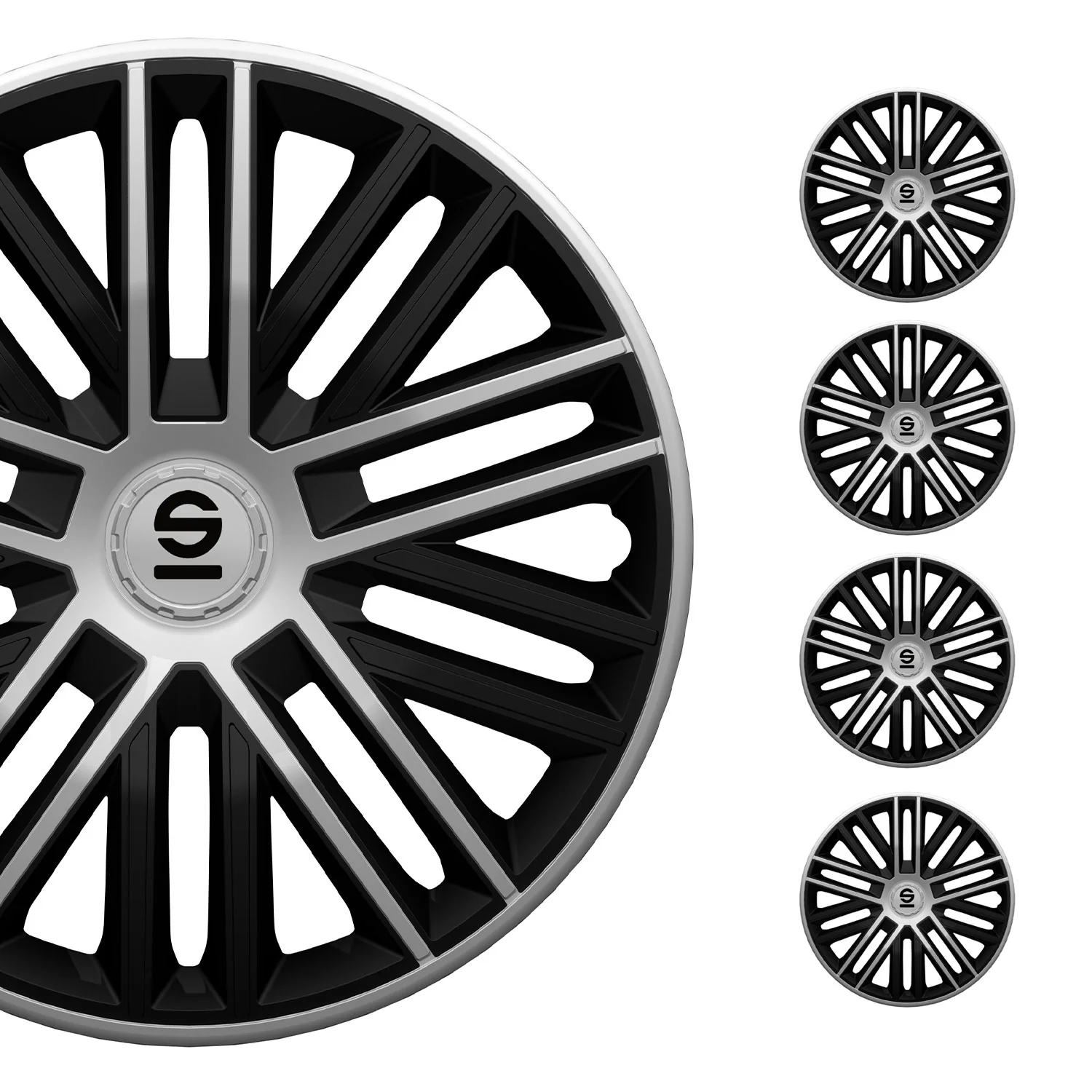Radkappen Radzierblenden Sparco Bergamo 15" Zoll Abdeckung Set Schwarz Silber 4x