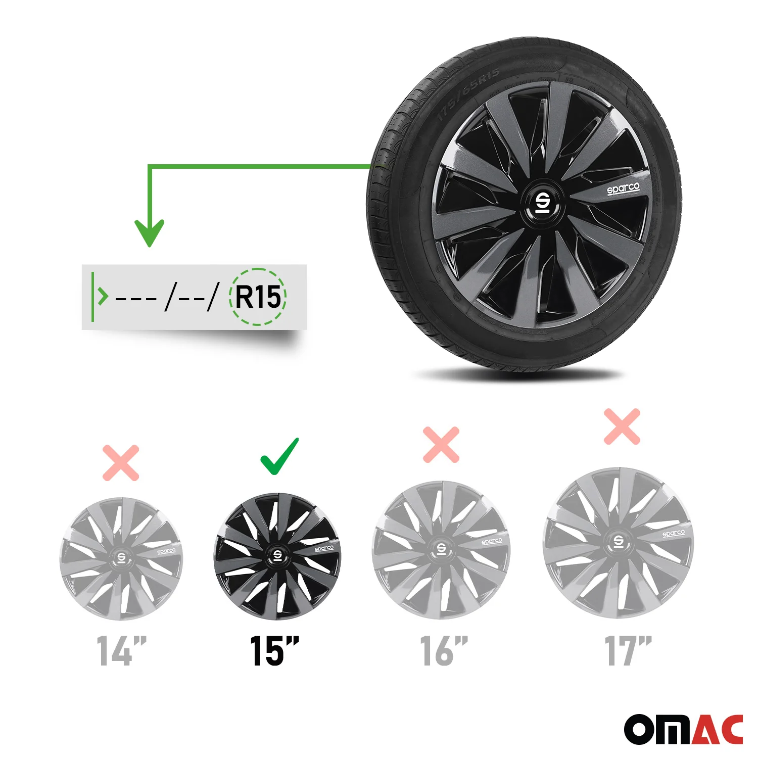 Radkappen Radzierblenden Sparco Lazio 15" Zoll Abdeckung Set Schwarz Grau 4x - Image 3