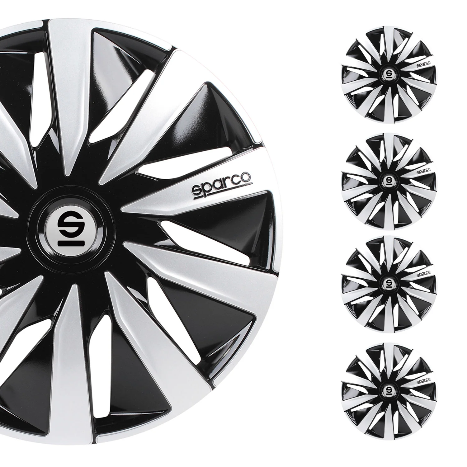 Radkappen Radzierblenden Sparco Lazio 15" Zoll Abdeckung Set Schwarz Silber 4x