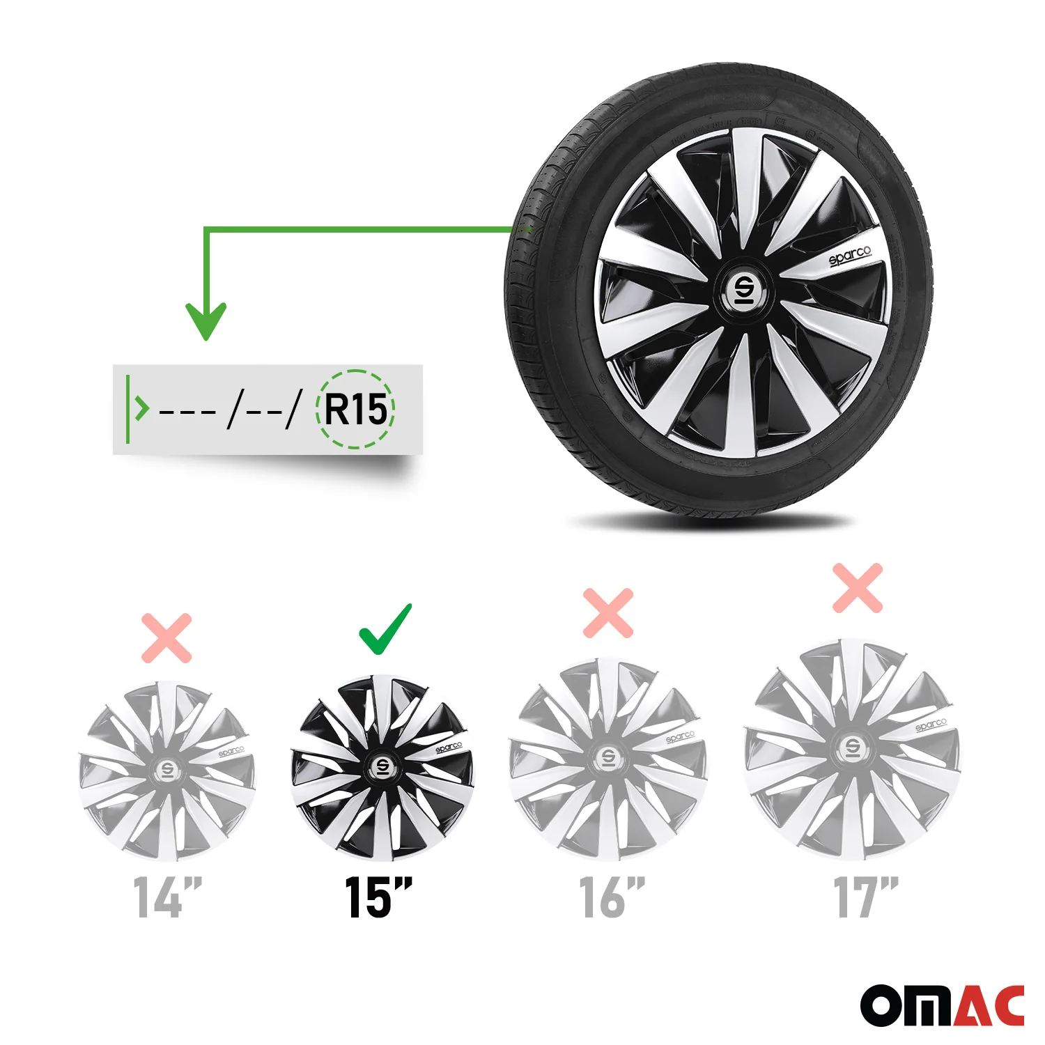 Radkappen Radzierblenden Sparco Lazio 15" Zoll Abdeckung Set Schwarz Silber 4x - Image 3