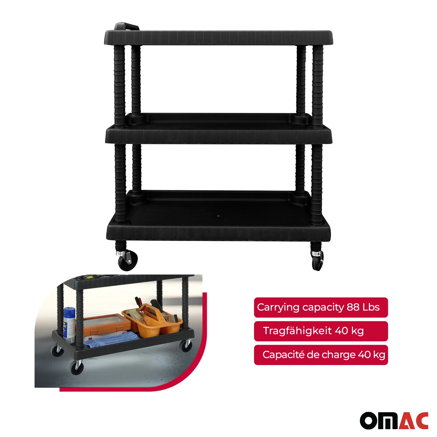 Rollwagen 3 Etagen Rollen Trolley Werkstattwagen Montagewagen Schwarz 40 kg - Image 6