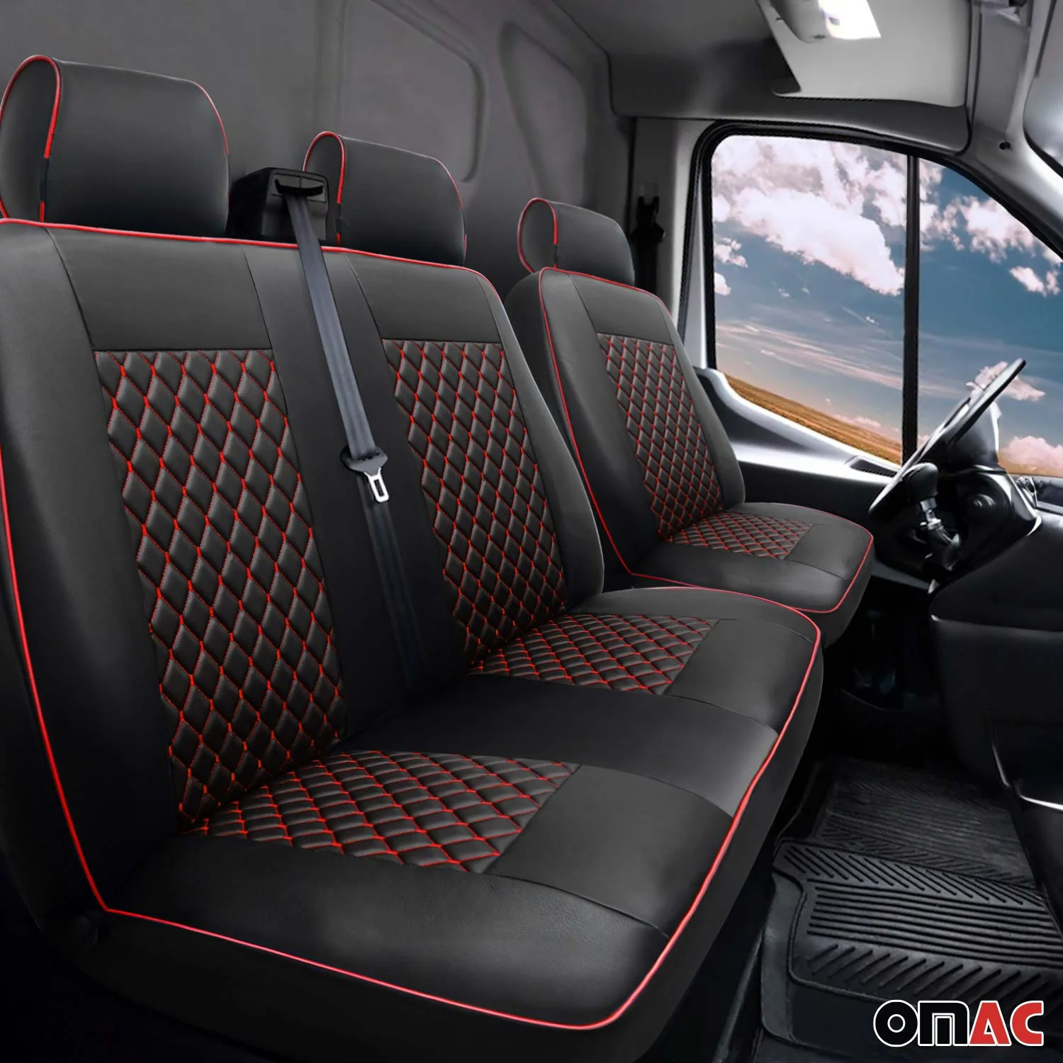 Sitzbezüge Schonbezüge für Ford Transit 2010-2013 Kunstleder Schwarz Rot 2+1 - Image 2
