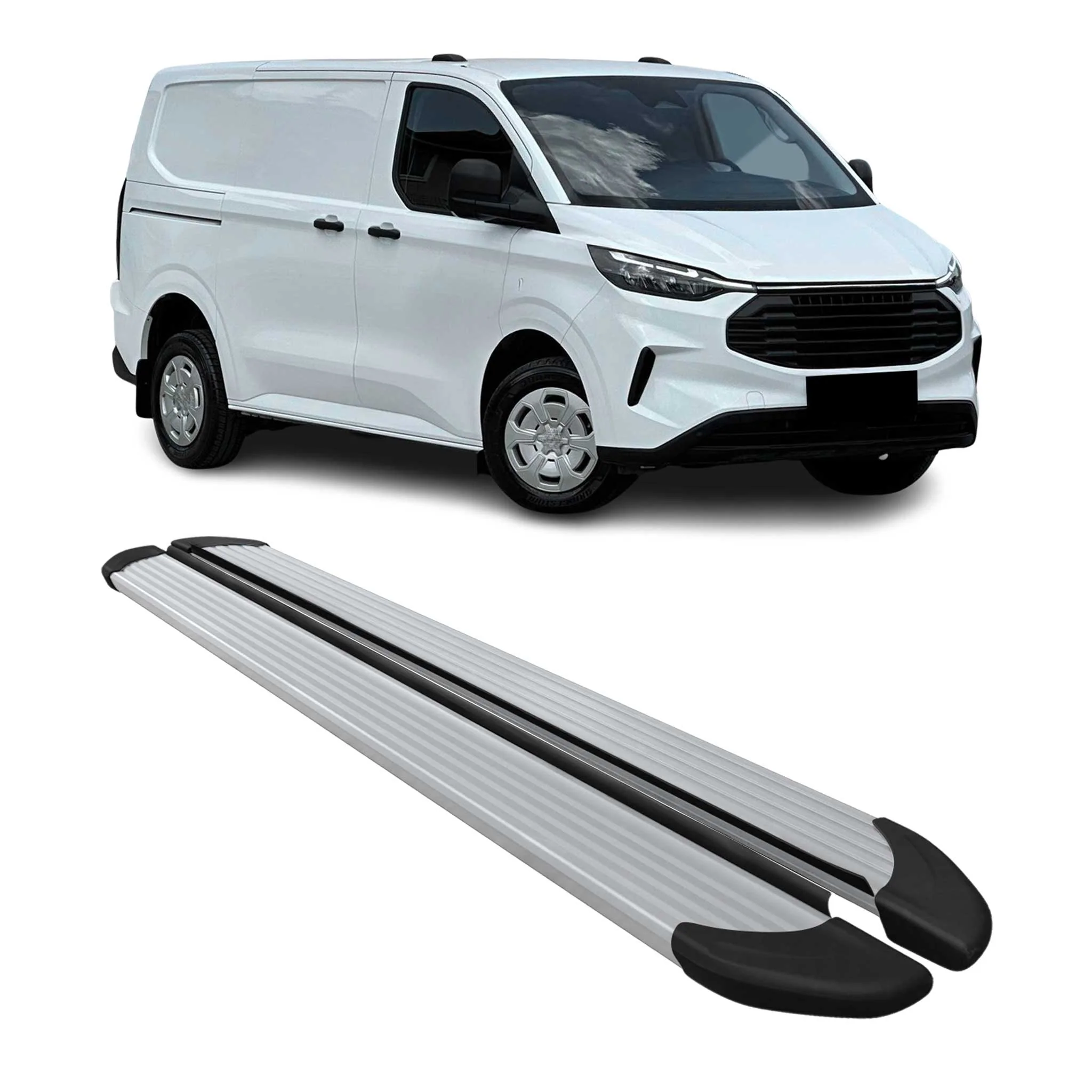 Trittbretter Seitenschweller für Ford Transit Custom 2023-2026 L1 Alu Silber 2x